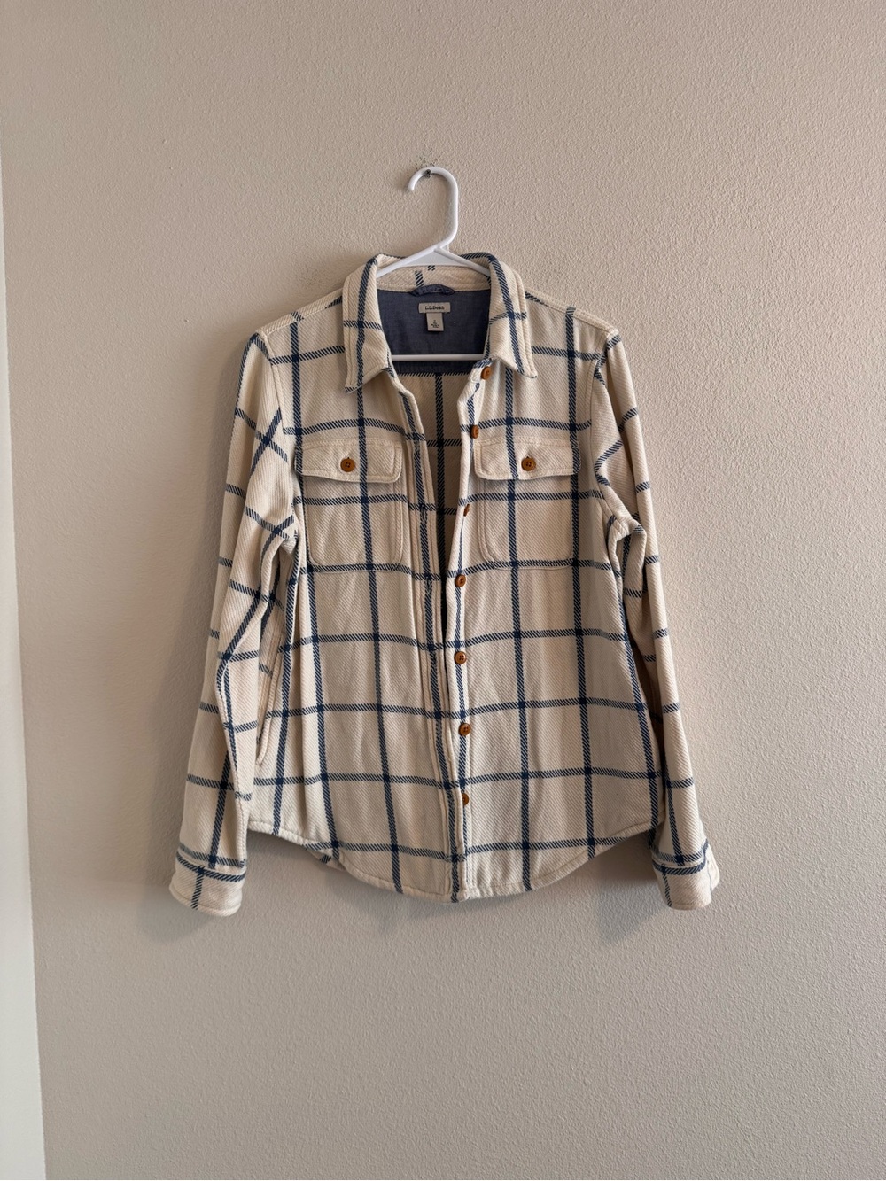 L.L. Bean Cream and Navy Plaid Utility Jacket